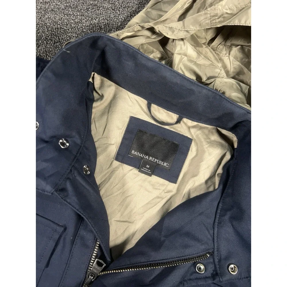 Banana Republic Jacket Medium Navy Utility Chore Field Stowaway Hood Waterproof